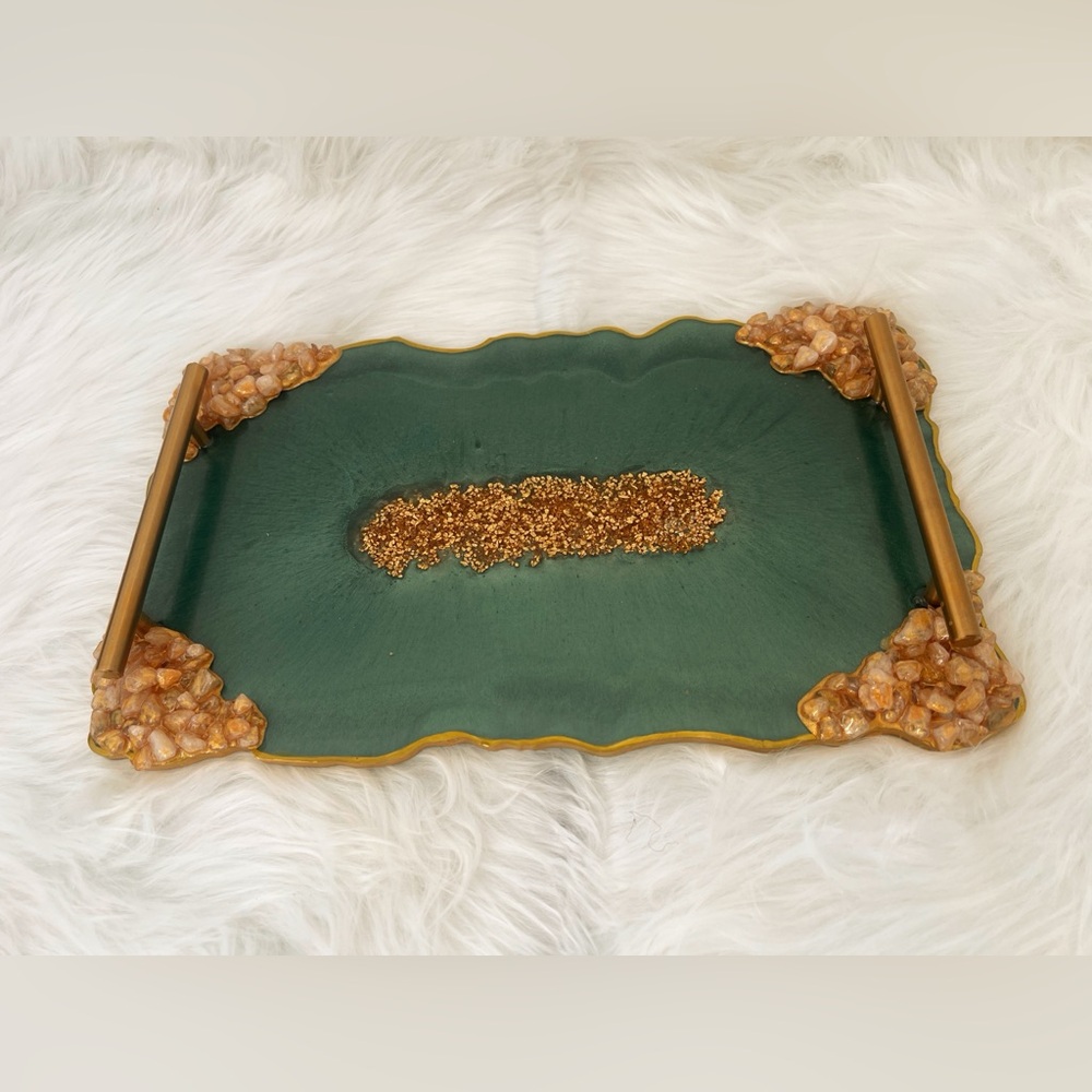 Elegant Green and Gold Decorative Resin Tray